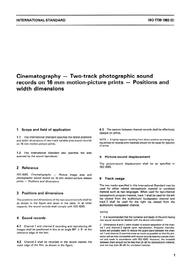 ISO 7739:1983 - Cinematography -- Two-track photographic sound records on 16 mm motion-picture prints -- Positions and width dimensions