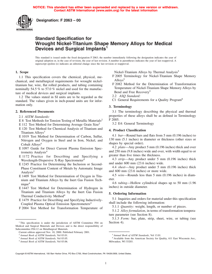 ASTM F2063-00 - Standard Specification for Wrought Nickel-Titanium Shape Memory Alloys for Medical Devices and Surgical Implants