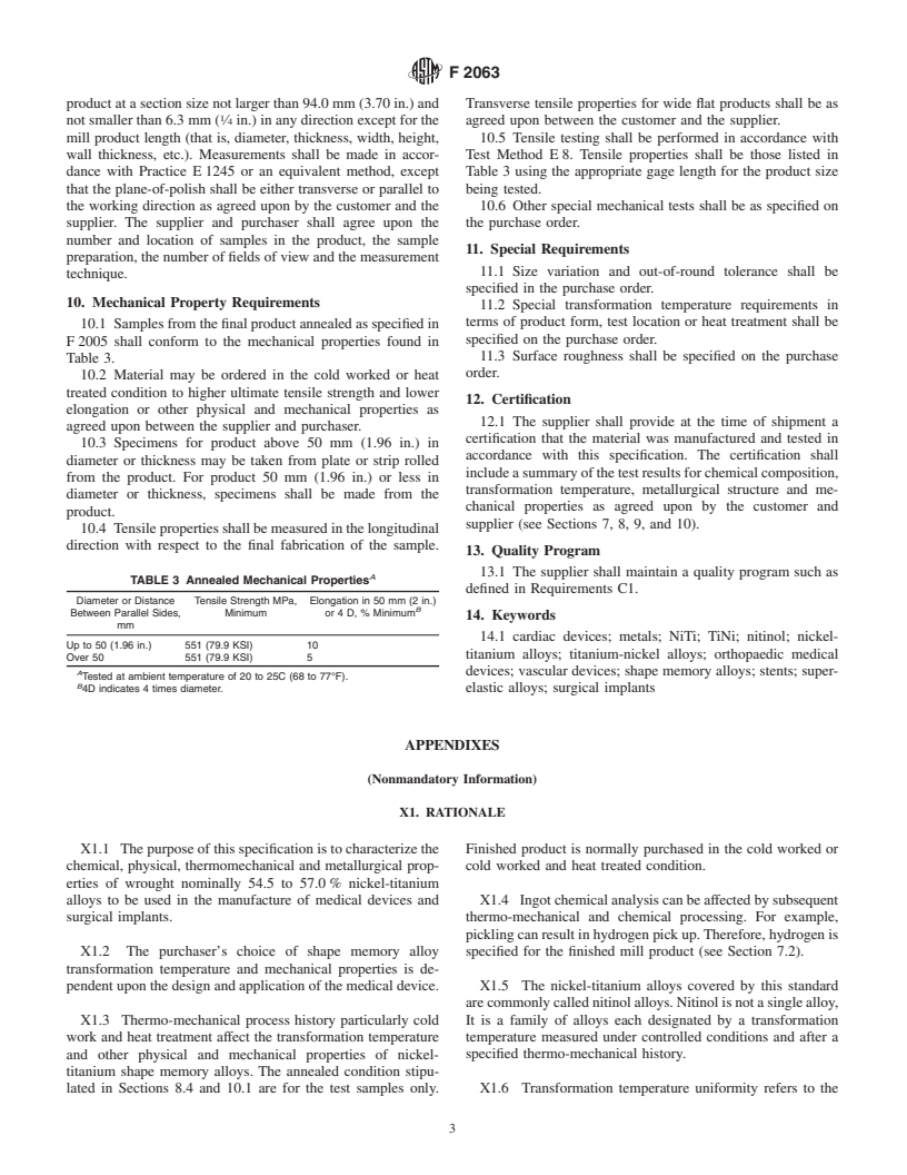 ASTM F2063-00 - Standard Specification for Wrought Nickel-Titanium Shape Memory Alloys for Medical Devices and Surgical Implants