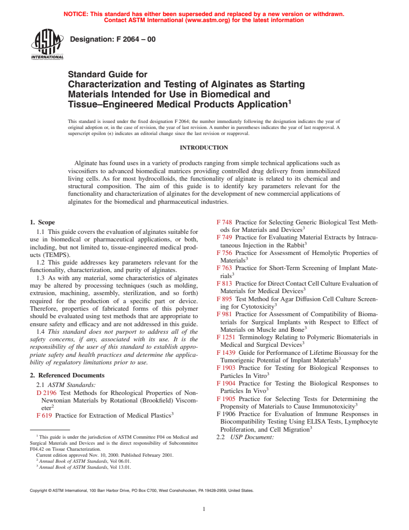 ASTM F2064-00 - Standard Guide for Characterization and Testing of Alginates as Starting Materials Intended for Use in Biomedical and Tissue-Engineered Medical Products Application