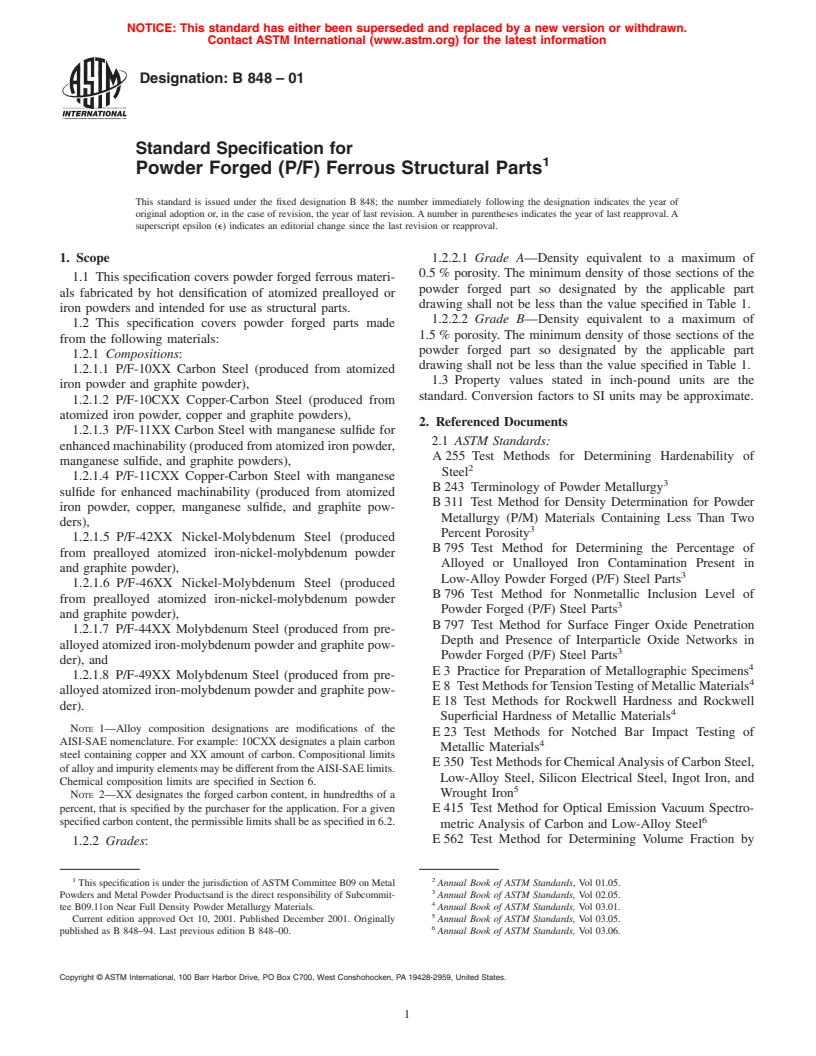 ASTM B848-01 - Standard Specification for Powder Forged (P/F) Ferrous Structural Parts