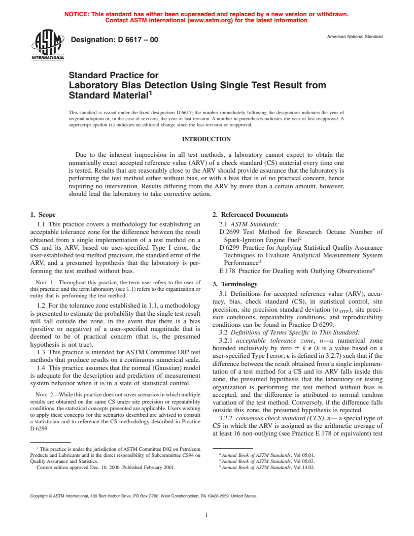 ASTM D6617-00 - Standard Practice for Laboratory Bias Detection Using Single Test Result from Standard Material