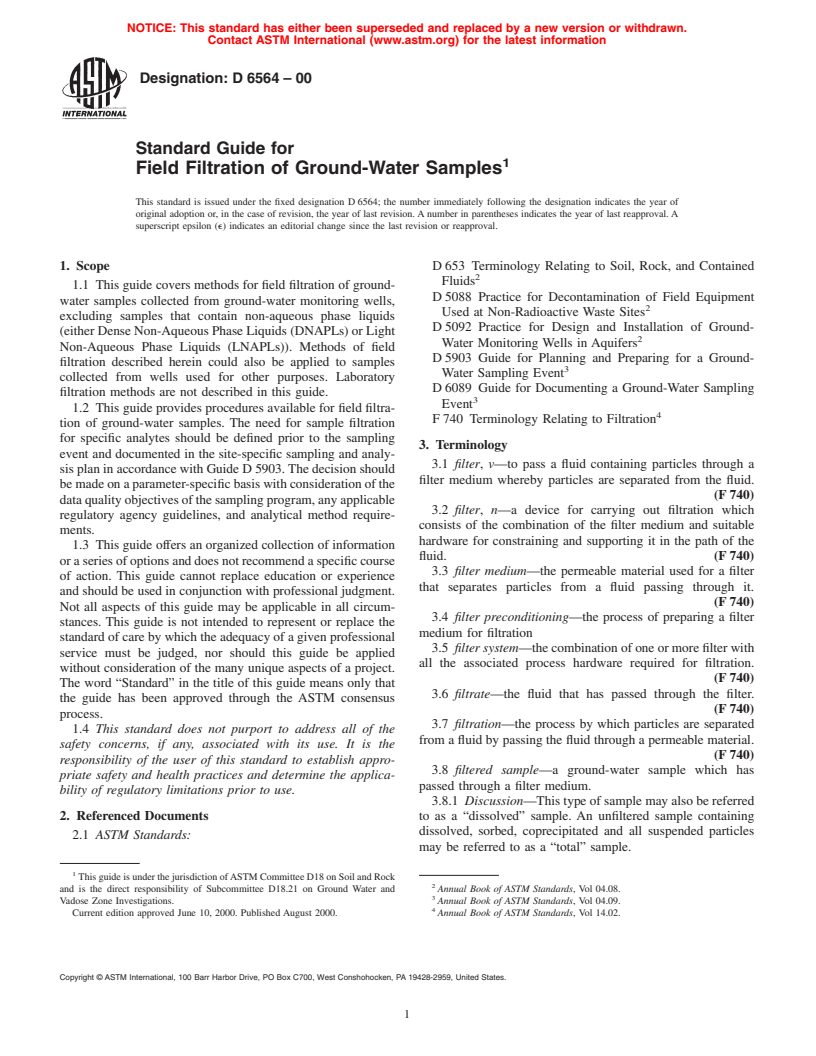 ASTM D6564-00 - Standard Guide for Field Filtration of Ground-Water Samples