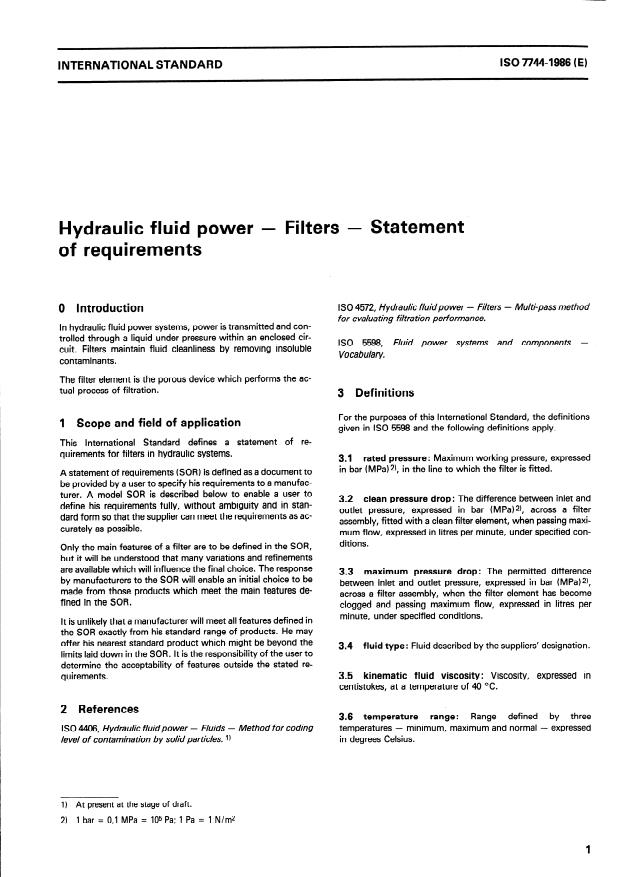 ISO 7744:1986 - Hydraulic fluid power -- Filters -- Statement of requirements