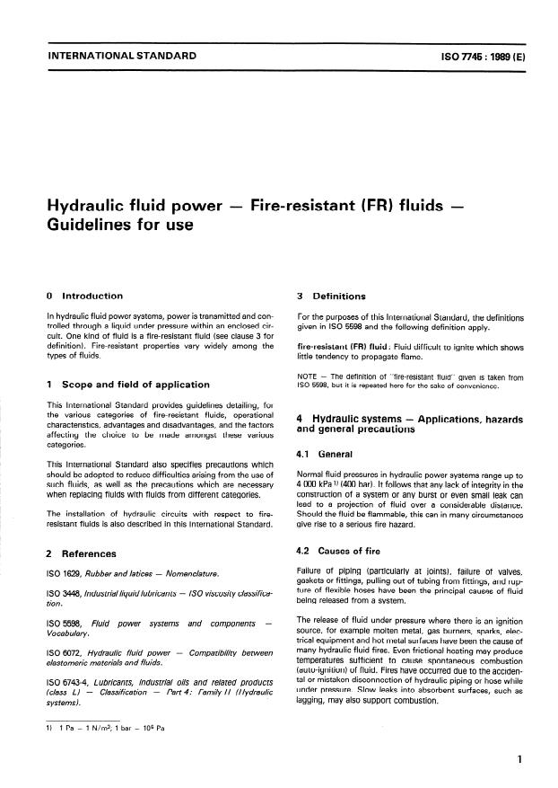 ISO 7745:1989 - Hydraulic fluid power -- Fire-resistant (FR) fluids -- Guidelines for use