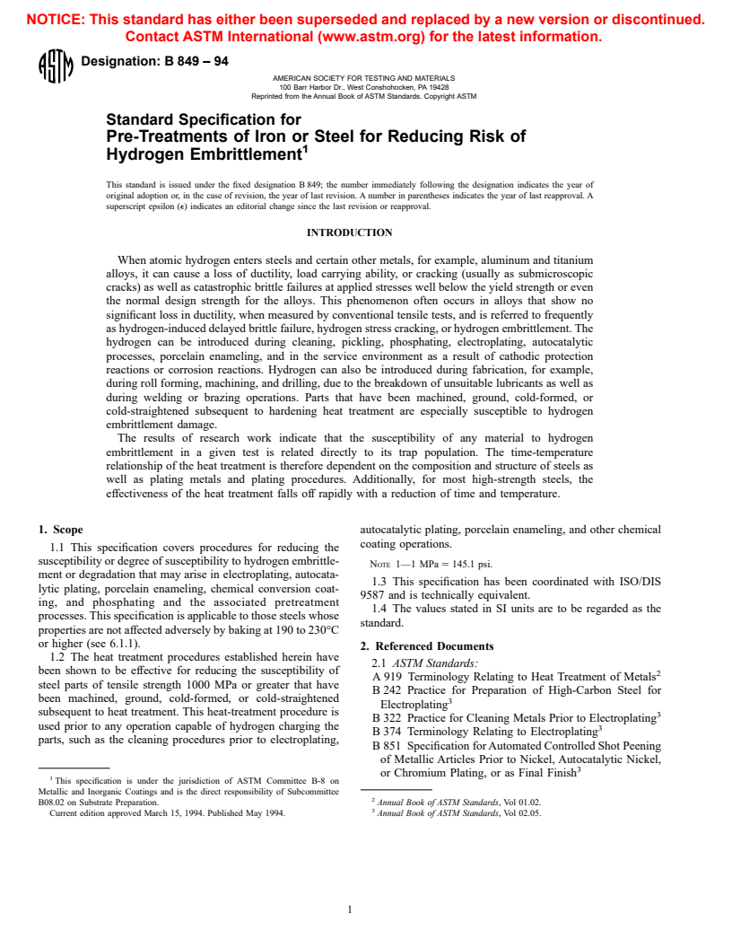 ASTM B849-94 - Standard Specification for Pre-Treatments of Iron or Steel for Reducing Risk of Hydrogen Embrittlement