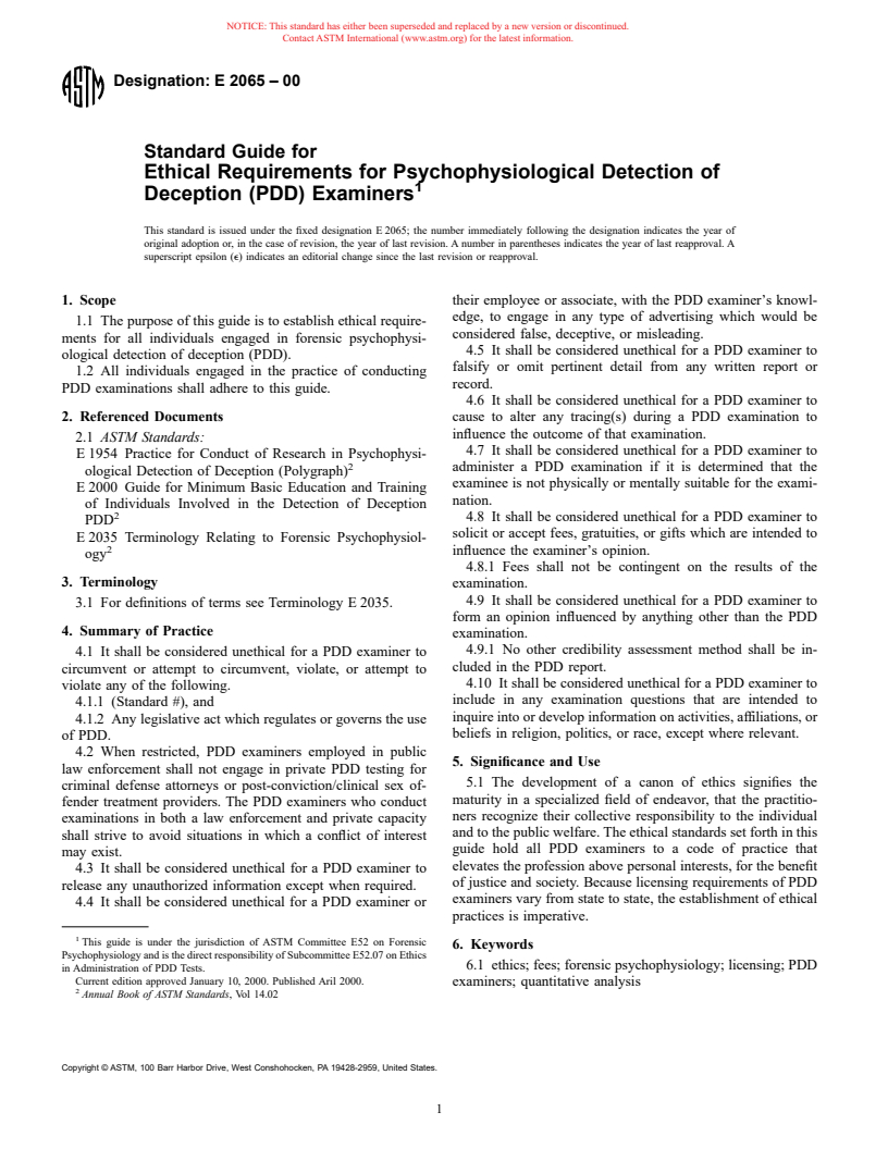 ASTM E2065-00 - Standard Guide for Ethical Requirements for Psychophysiological Detection of Deception (PDD) Examiners