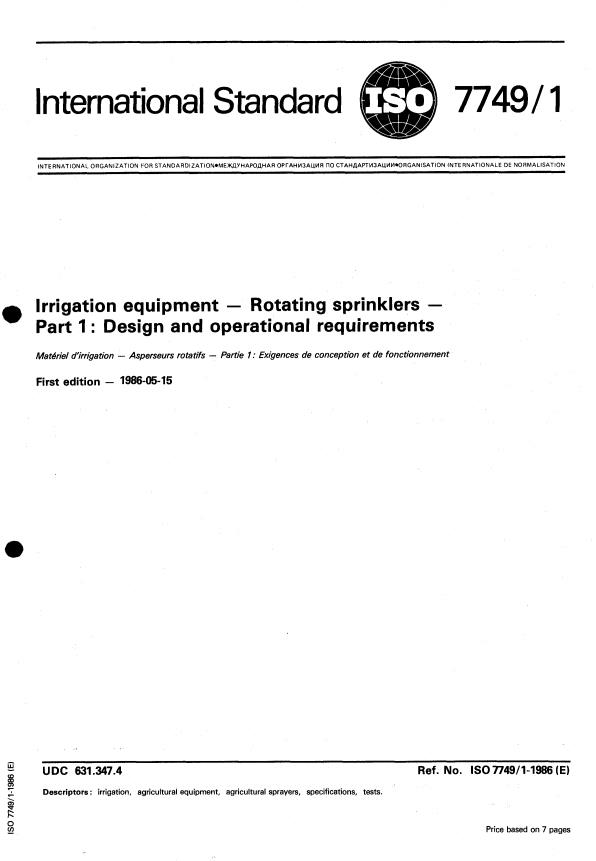 ISO 7749-1:1986 - Irrigation equipment -- Rotating sprinklers