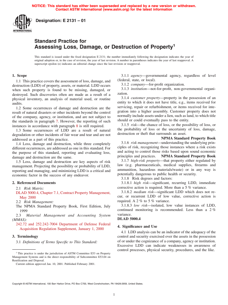 ASTM E2131-01 - Standard Practice for Assessing Loss, Damage, or Destruction of Property