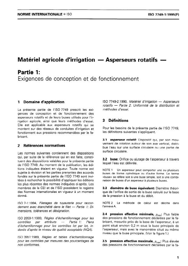 ISO 7749-1:1995 - Matériel agricole d'irrigation -- Asperseurs rotatifs