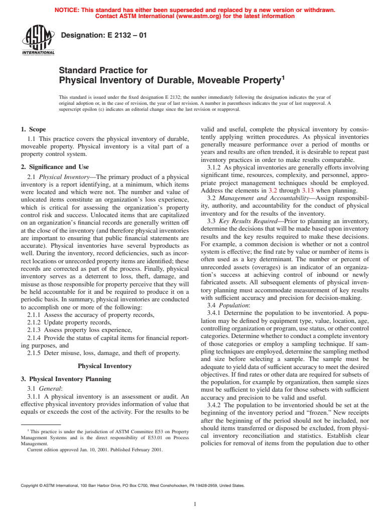 ASTM E2132-01 - Standard Practice for Physical Inventory of Durable, Moveable Property