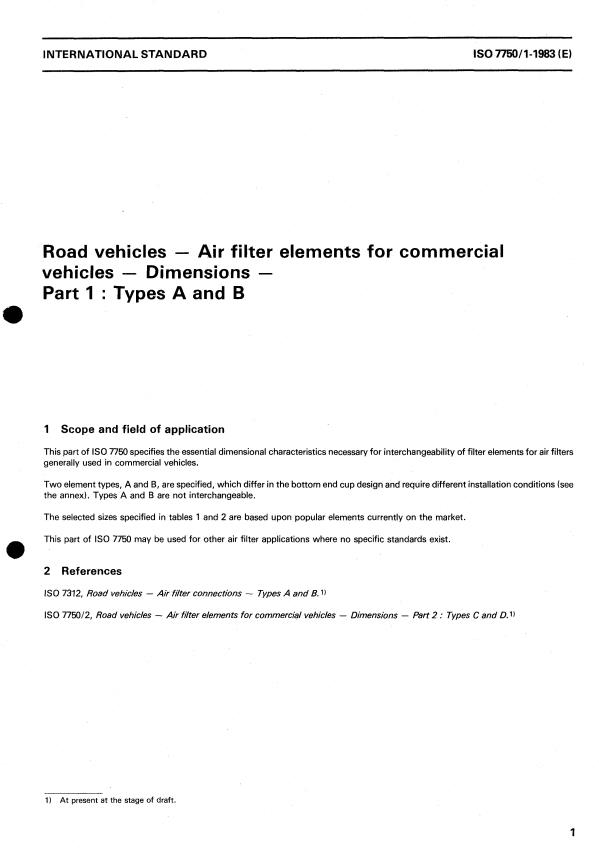 ISO 7750-1:1983 - Road vehicles -- Air filter elements for commercial vehicles -- Dimensions