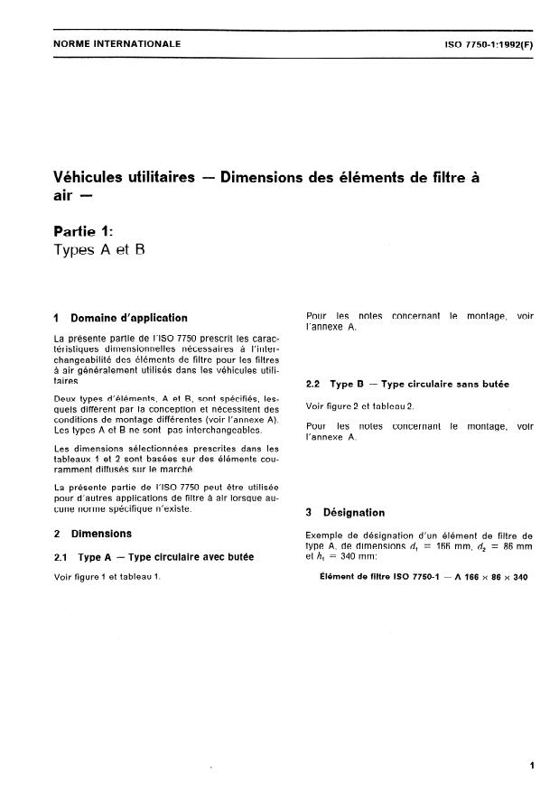 ISO 7750-1:1992 - Véhicules utilitaires -- Dimensions des éléments de filtre a air