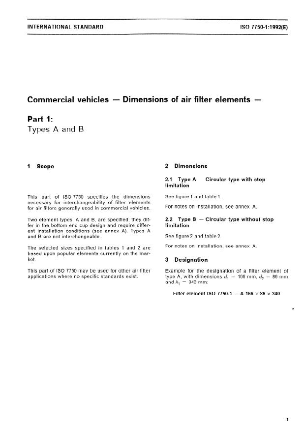 ISO 7750-1:1992 - Commercial vehicles -- Dimensions of air filter elements