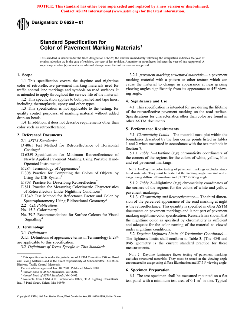 ASTM D6628-01 - Standard Specification for Color of Pavement Marking Materials