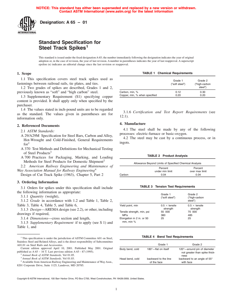 ASTM A65-01 - Standard Specification for Steel Track Spikes