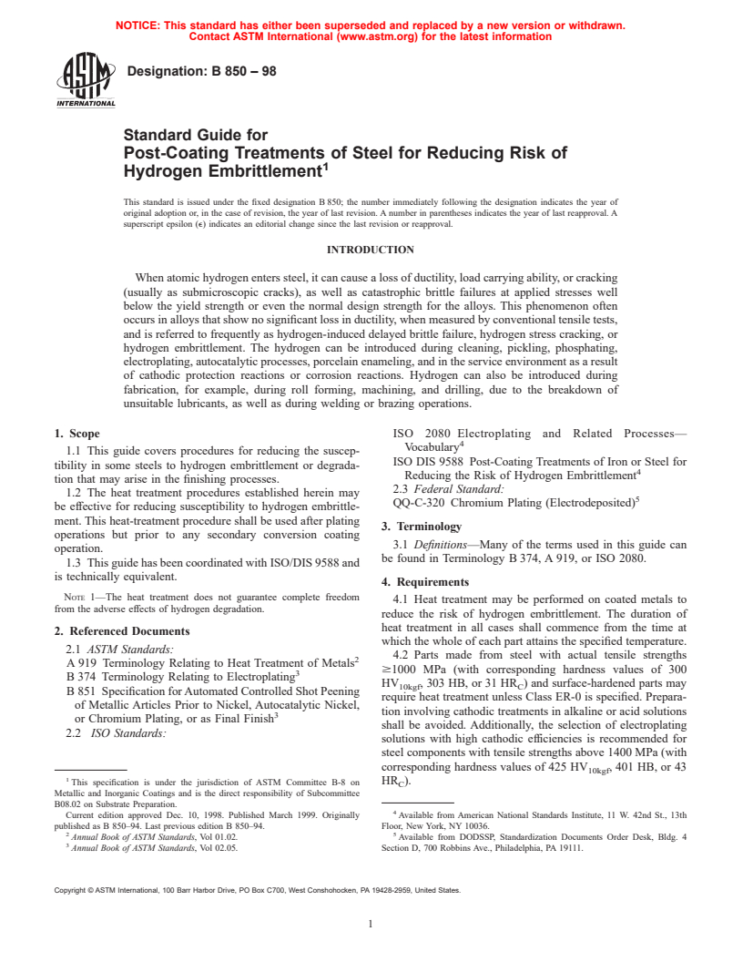 ASTM B850-98 - Standard Guide for Post-Coating Treatments of Steel for Reducing the Risk of Hydrogen Embrittlement