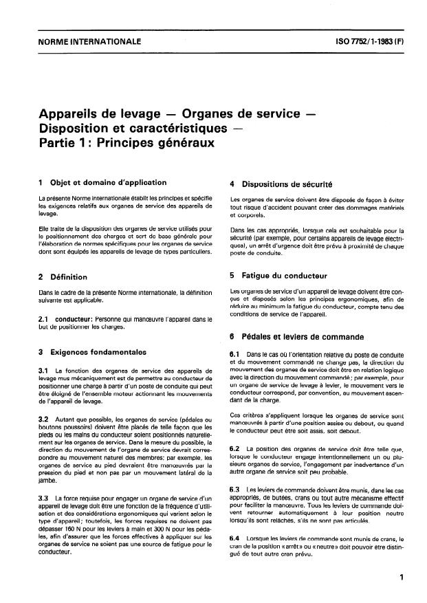 ISO 7752-1:1983 - Appareils de levage -- Organes de service -- Disposition et caractéristiques