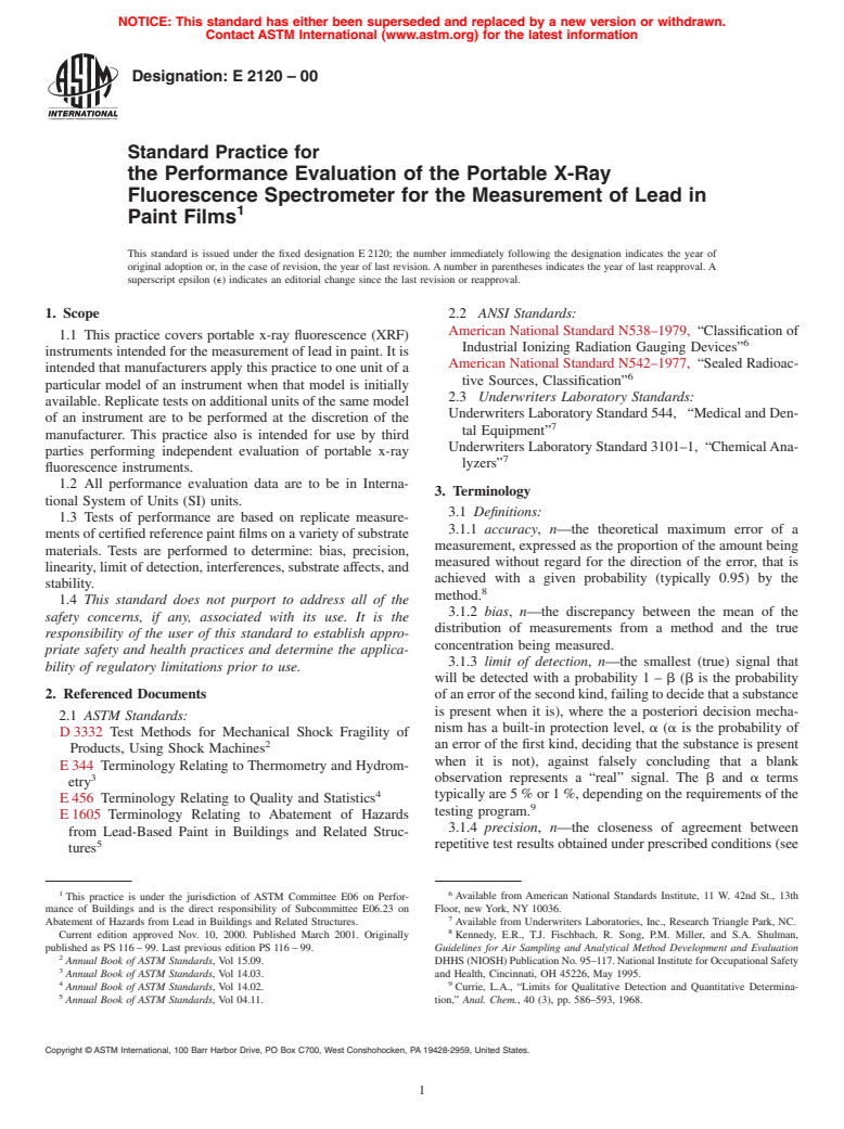 ASTM E2120-00 - Standard Practice for the Performance Evaluation of the Portable X-Ray Fluorescence Spectrometer for the Measurement of Lead in Paint Films (Withdrawn 2009)