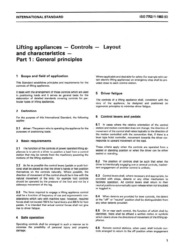 ISO 7752-1:1983 - Lifting appliances -- Controls -- Layout and characteristics