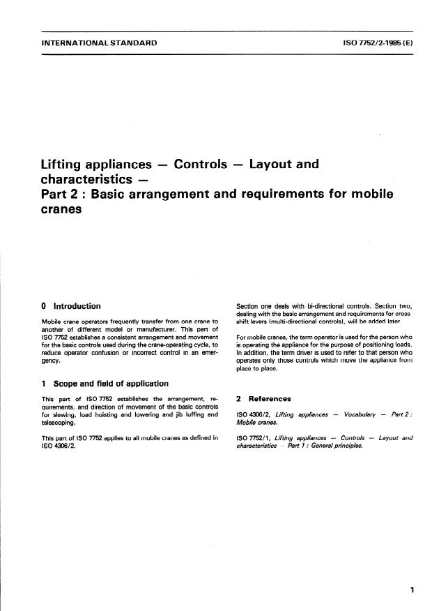 ISO 7752-2:1985 - Lifting appliances -- Controls -- Layout and characteristics
