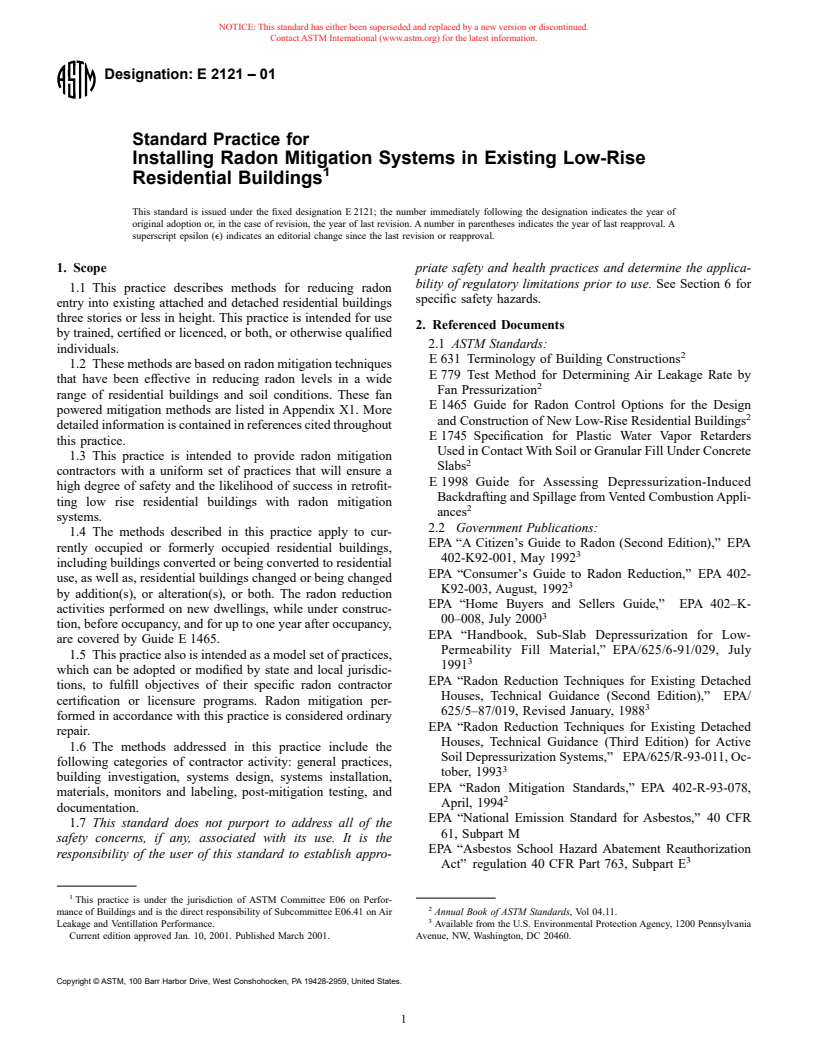 ASTM E2121-01 - Standard Practice for Installing Radon Mitigation Systems in Existing Low-Rise Residential Buildings