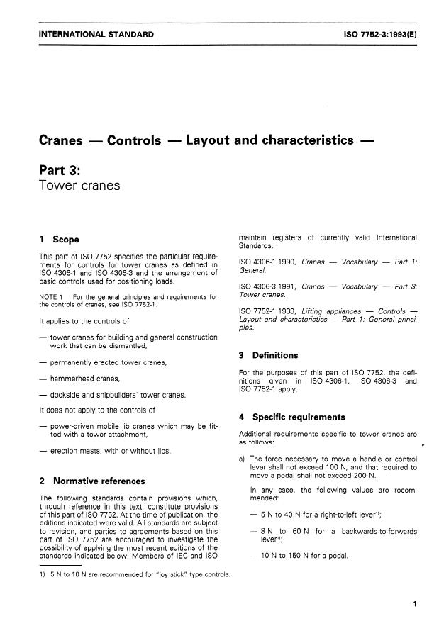 ISO 7752-3:1993 - Cranes -- Controls -- Layout and characteristics