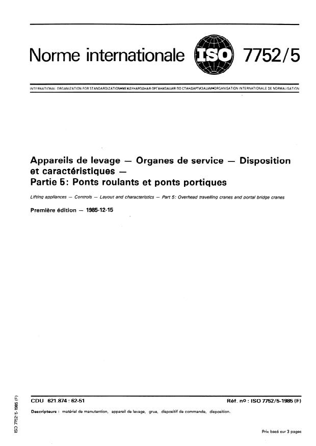 ISO 7752-5:1985 - Appareils de levage -- Organes de service -- Disposition et caractéristiques