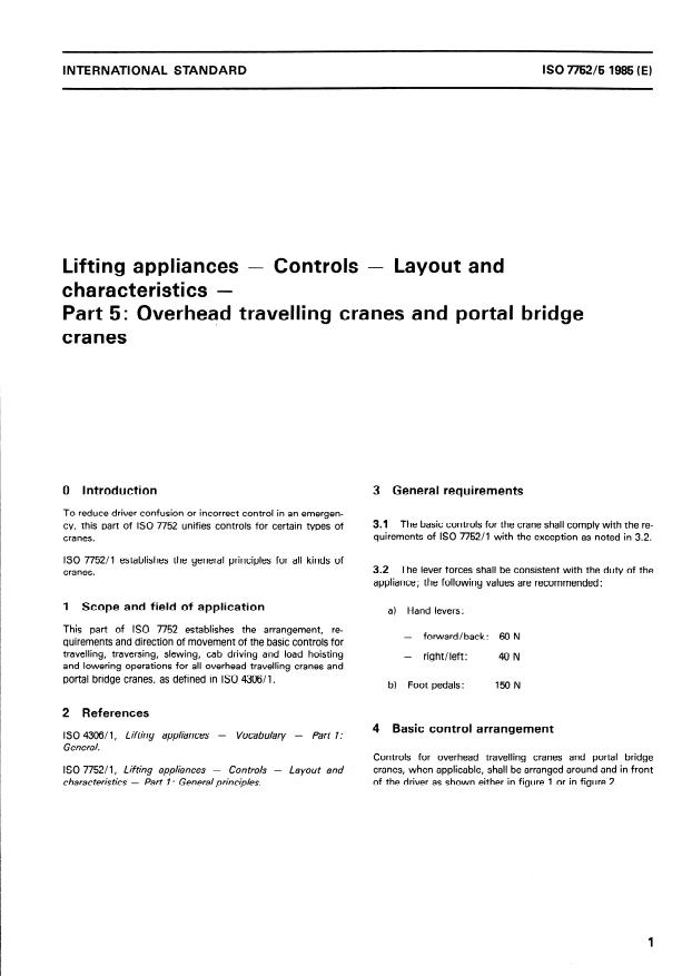 ISO 7752-5:1985 - Lifting appliances -- Controls -- Layout and characteristics