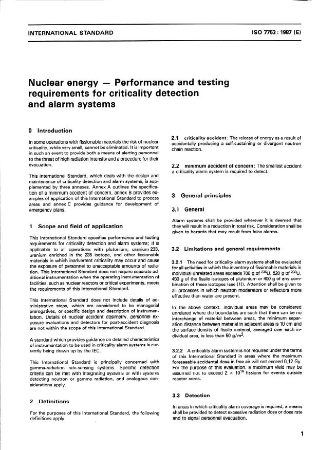 ISO 7753:1987 - Nuclear energy -- Performance and testing requirements for criticality detection and alarm systems