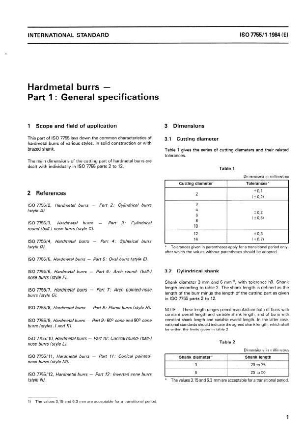 ISO 7755-1:1984 - Hardmetal burrs