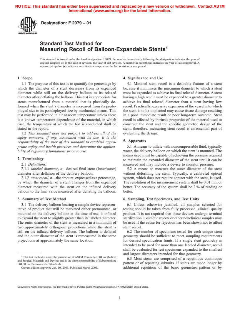 ASTM F2079-01 - Standard Test Method for Measuring Recoil of Balloon-Expandable Stents