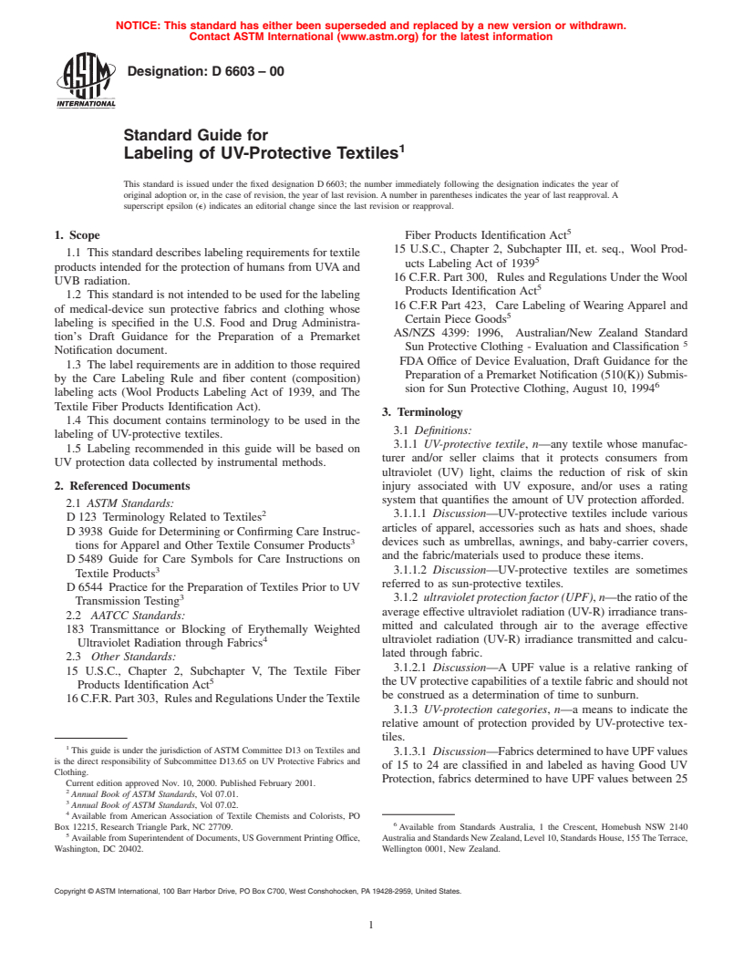 ASTM D6603-00 - Standard Guide for Labeling of UV-Protective Textiles