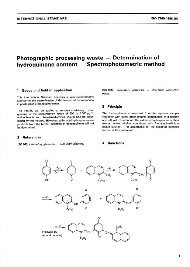 ISO 7760:1986 - Photographic processing waste -- Determination of hydroquinone content -- Spectrophotometric method