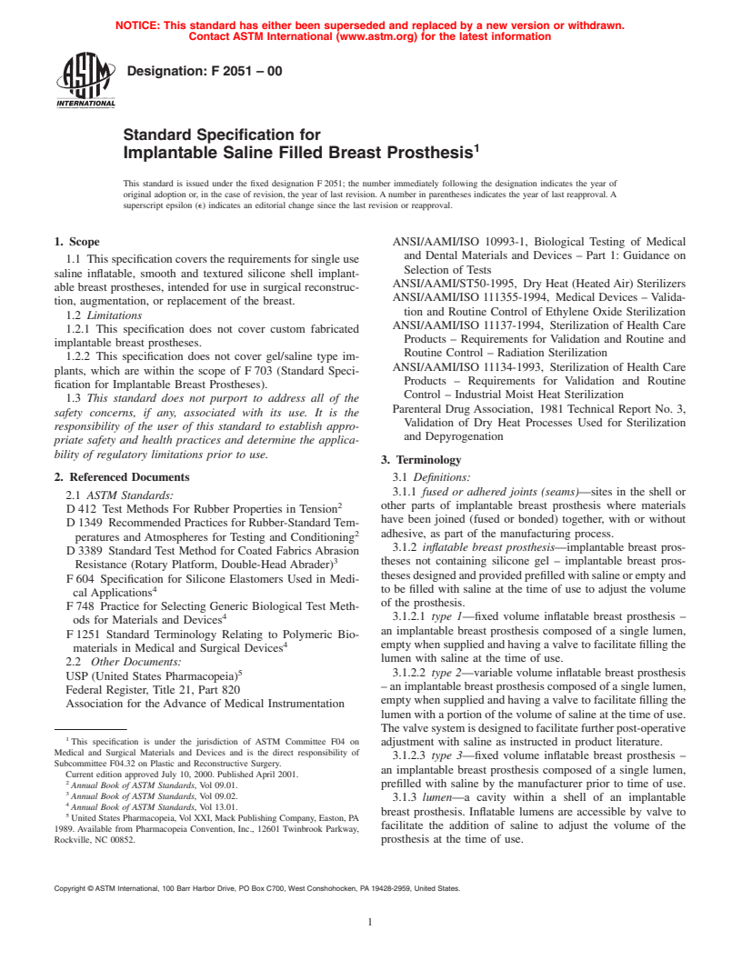 ASTM F2051-00 - Standard Specification for Implantable Saline Filled Breast Prosthesis