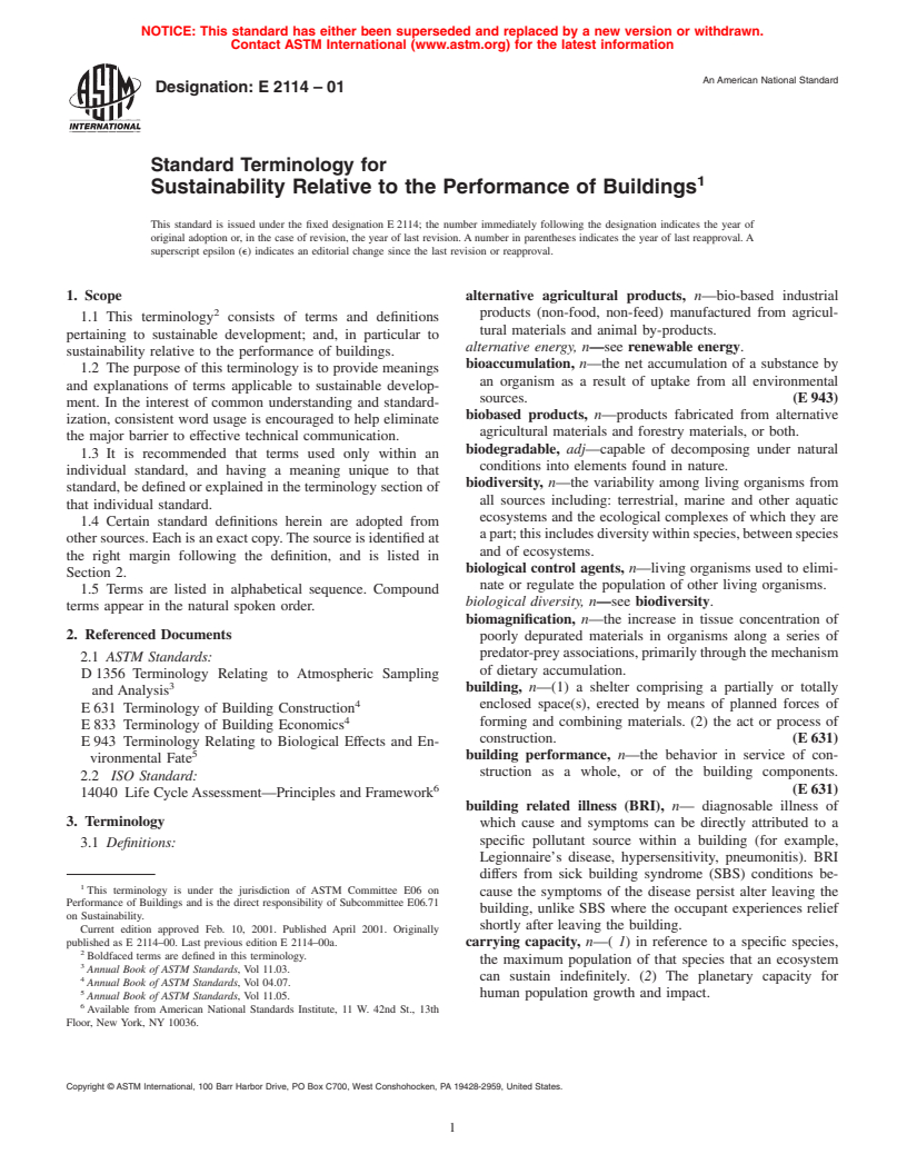 ASTM E2114-01 - Standard Terminology for Sustainability Relative to the Performance of Buildings
