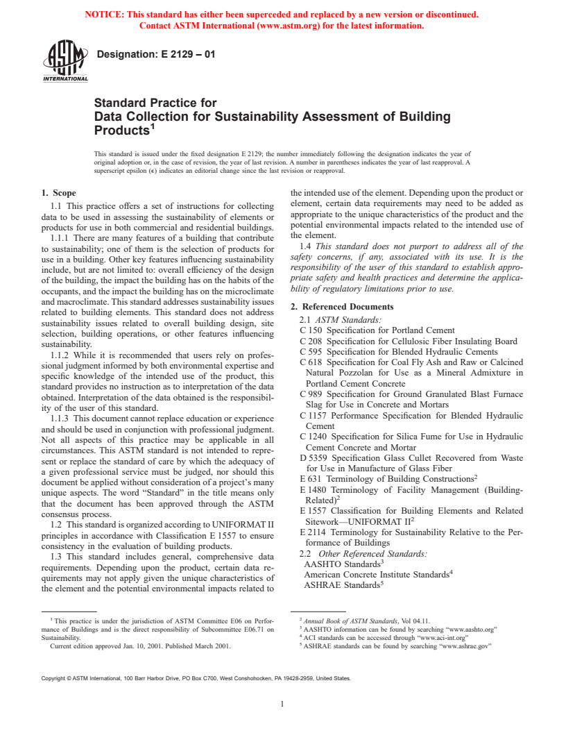 ASTM E2129-01 - Standard Practice for Data Collection for Sustainability Assessment of Building Products