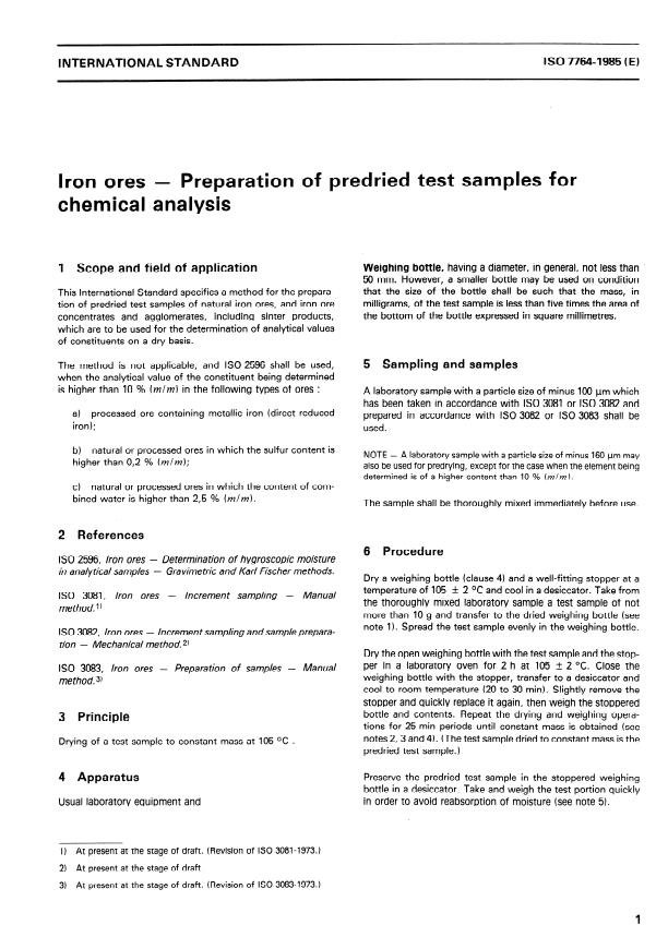 ISO 7764:1985 - Iron ores -- Preparation of predried test samples for chemical analysis