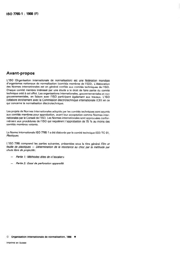 ISO 7765-1:1988 ISO 7765-1:1988 - Film et feuille de plastiques - Détermination de la résistance au choc par la méthode par chute libre de projectile - Page 2 preview