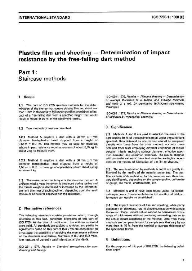 ISO 7765-1:1988 - Plastics film and sheeting -- Determination of impact resistance by the free-falling dart method