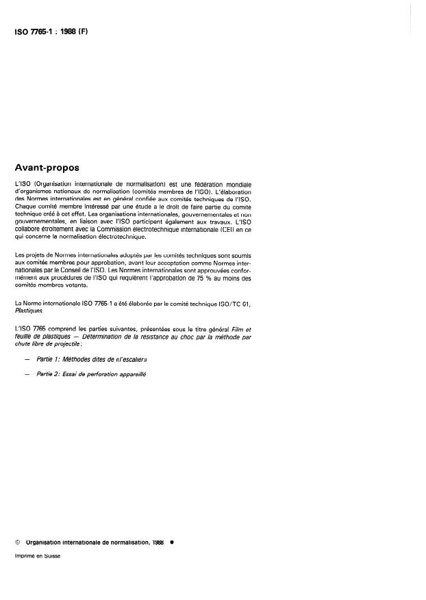 ISO 7765-1:1988 ISO 7765-1:1988 - Film et feuille de plastiques - Détermination de la résistance au choc par la méthode par chute libre de projectile - Page 2 preview
