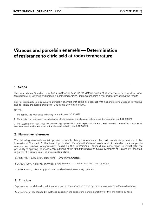 ISO 2722:1997 - Vitreous and porcelain enamels -- Determination of resistance to citric acid at room temperature