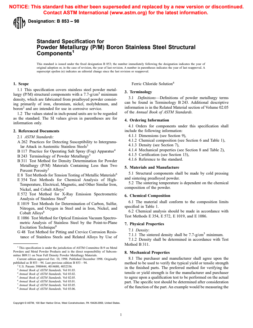 ASTM B853-98 - Standard Specification for Powder Metallurgy (P/M) Boron Stainless Steel Structural Components