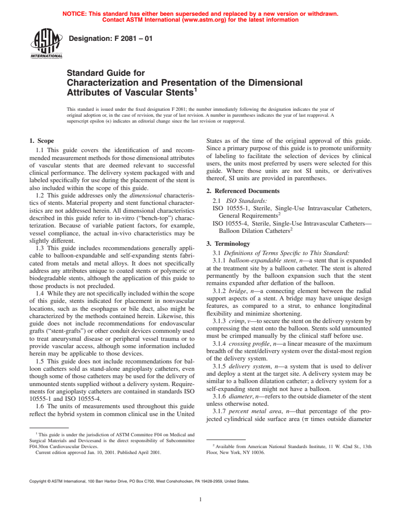 ASTM F2081-01 - Standard Guide for Characterization and Presentation of the Dimensional Attributes of Vascular Stents