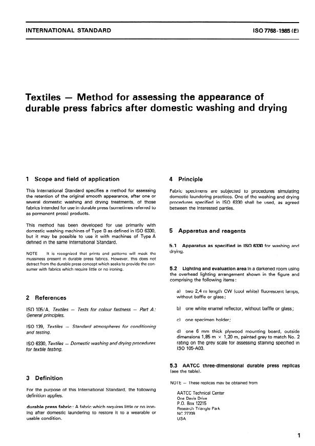 ISO 7768:1985 - Textiles -- Method for assessing the appearance of durable press fabrics after domestic washing and drying