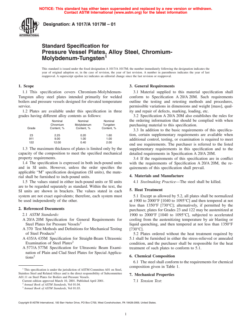 ASTM A1017/A1017M-01 - Standard Specification for Pressure Vessel Plates, Alloy Steel, Chromium-Molybdenum-Tungsten