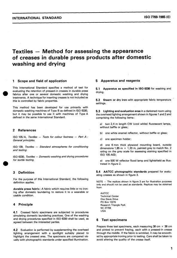 ISO 7769:1985 - Textiles -- Method for assessing the appearance of creases in durable press products after domestic washing and drying