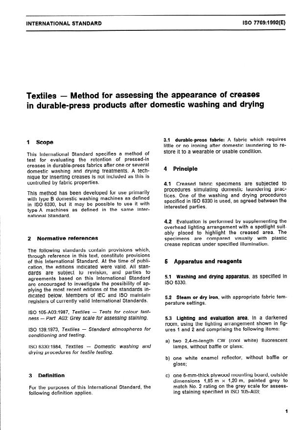 ISO 7769:1992 - Textiles -- Method for assessing the appearance of creases in durable-press products after domestic washing and drying