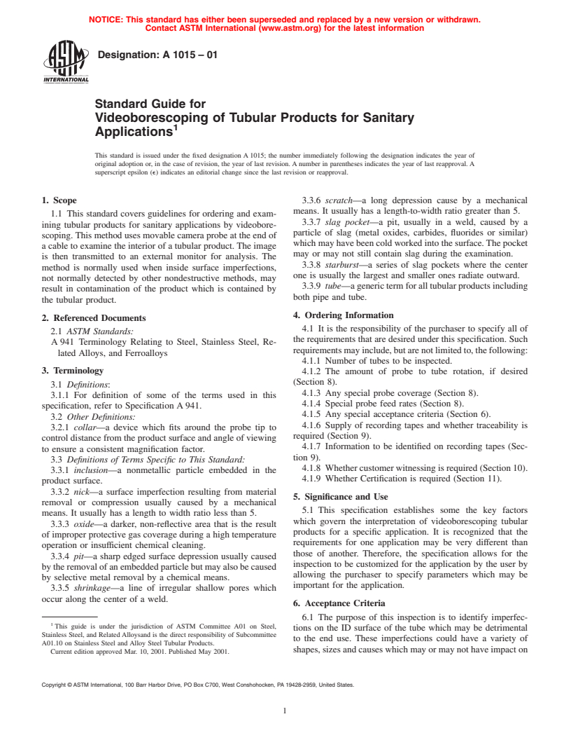 ASTM A1015-01 - Standard Guide for Videoborescoping of Tubular Products for Sanitary Applications