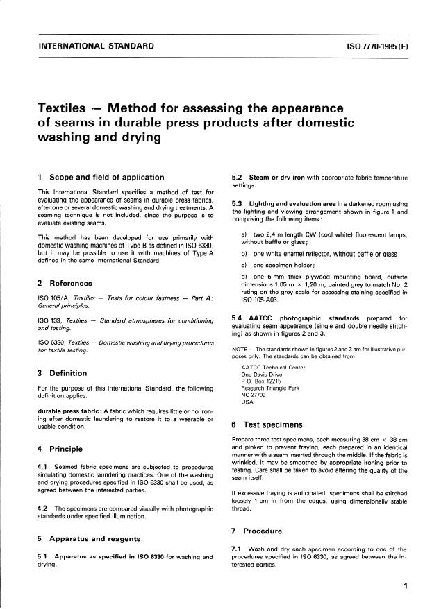 ISO 7770:1985 - Textiles -- Method for assessing the appearance of seams in durable press products after domestic washing and drying